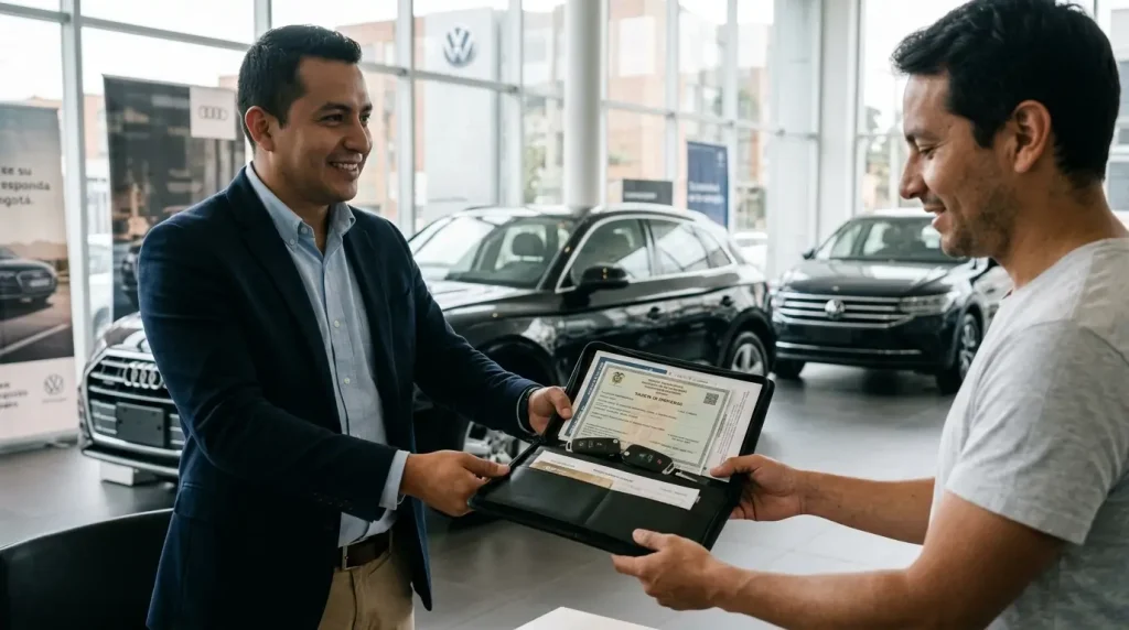 Vendedor entregando documentos de traspaso y llaves de carro usado certificado en concesionario Colwagen Chia.